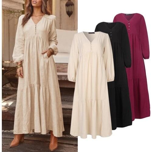 Shirt Dress Womens Maxi Sundress ZANZEA 2020 Spring Elegant Casual V Neck Ruflle Vestido Female Long Sleeve Tunic Robe