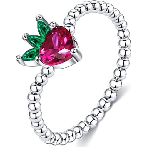SILVERHOO Fruits Shape Ring For Women S925 Sterling Silver Lovely Strawberry Zircon Ring Beads Style Wedding Fingers Jewelry