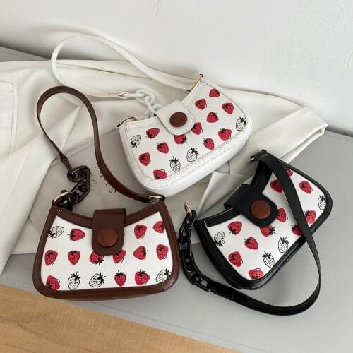 Women Solid Color Chain Handbag Fashion PU Leather Small Handbags Shoulder Underarm Bag Strawberry Printed for Women