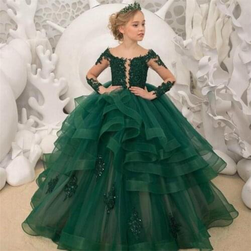 Gorgeous Green Flower Girl Dresses Scoop Neck Appliqued Beaded Long Sleeves Girl Pageant Birthday Gowns