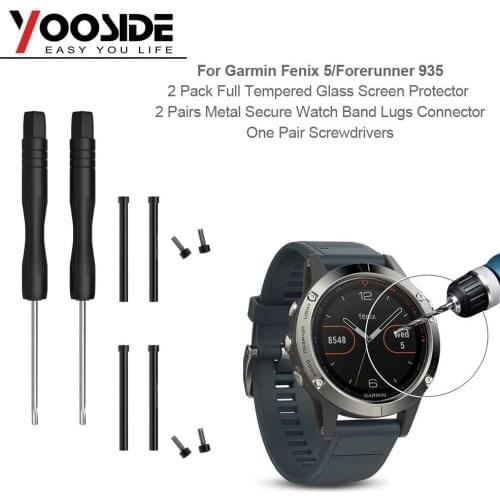 2 PCS Tempered Glass Watch Screen Protector with Metal Secure Band Lugs Connector &Screwdriver for Garmin Fenix 5/Forerunner 935