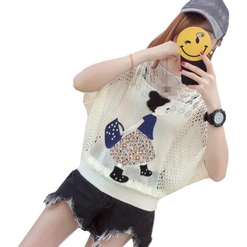 ZB2551 new summer 2020 women fashion loose batwing show thin hollow out render short sleeves t shirt cheap wholesale