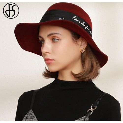 FS Fashion Lady Wool Felt Dome Fedora Hats For Women Winter Autumn Church Cloche Derby Hat Fedoras Bowler Cap With Letter Ribbon
