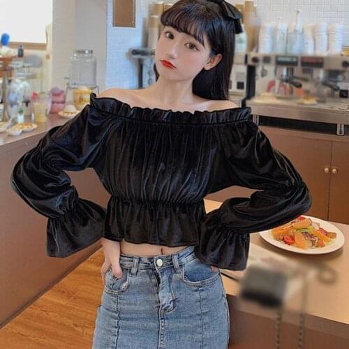 Gold Velvet Off Shoulder Blouses Women Long Sleeve Autumn Black French Style Elegant Shirt Tops