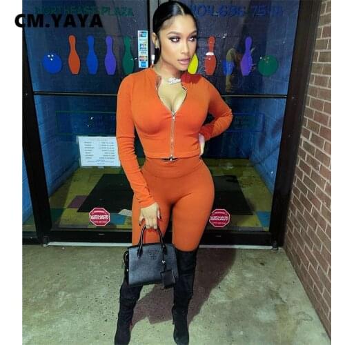 CM.YAYA Women Suit Solid Stand Collar Long Sleeves Short Zip Top&Long Slim Pants Suit Sports Casual Two Piece Set