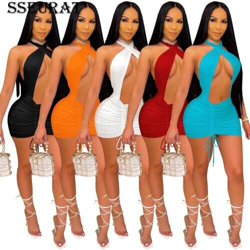 SSEURAT Women Beach Midi Dress Sexy Club Night Party Halter Neck Cut Out Open Back Drawstring Ruched Bodycon Mini Dresses