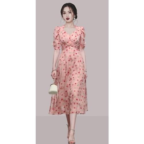Fashion Vintage Summer Chiffon Dresses Runway Elegant Women V Neck Flower Print Pink Lace Up Bow High Waist Vacation Midi Dress