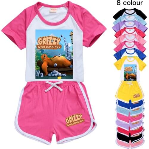 100-170 Kawaii Kids Clothes Funny T-shirt for Girls Grizzy Bear Animal T Shirt Boys Lemmings Tshirt Shorts Sports Set Camisetas