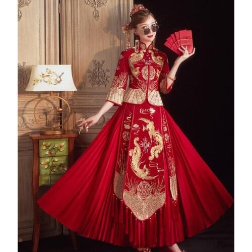 Embroidery Phoenix Tassle Cheongsam Chinese Traditional Couple Wedding Suit Elegant Bride Qipao Dress китайская одежда