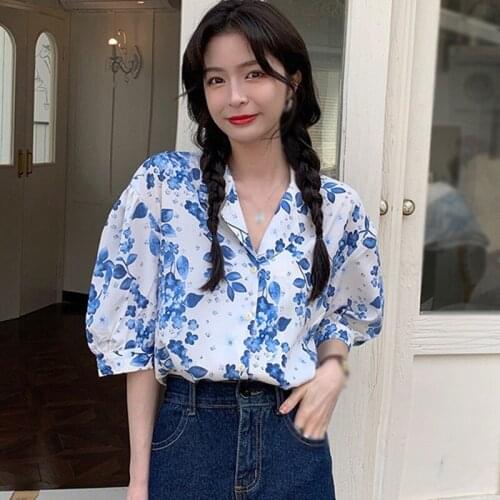 Summer Floral Printed Notched Top Wommen Casual Loose Short Sleeve Fashion Chiffon Shirt