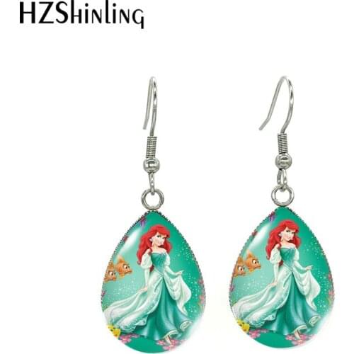 Little Mermaid Ariel Princess Pattern Water Drop Glass Cabochon Pendants Dangle Hook Earrings Jewelry
