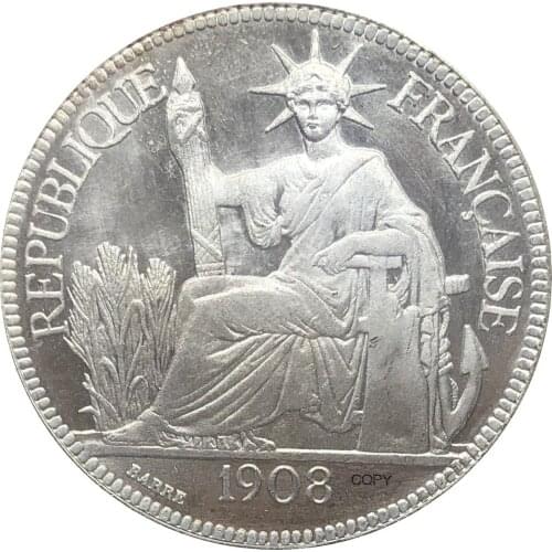 French Indochina 1908 A 1 Piastre Commerce Coin REPUBLIQUE FRANCAISE Cupronickel Silver Plated Copy Coins