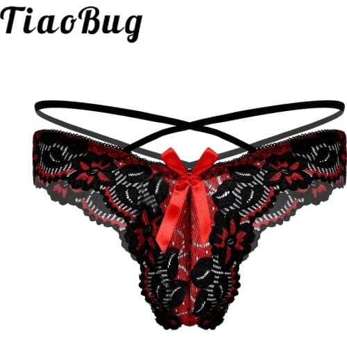 Mens Hollow Out Floral Lace Lingerie Bottoms Erotic Sissy Underpants Bowknot Decor G-string Panties Low Waist T-back Thong Brief