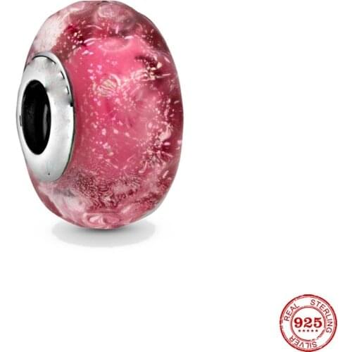 New Original Silver ColorWavy Fancy Pink Murano Glass Diy Bead Fit European Pandora Charms Bracelet Bangles Diy Jewelry P628