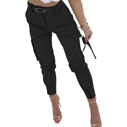 Hirigin New Women Cool Cargo Pants Solid Color/ Plaid Printed Pattern And Belt High Waist Tie Feet Trousers with Pockets