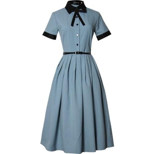 PERHAPS U Women Turn Down Collar Khaki Blue Midi Dress Sash Plaid D1242