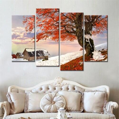 Drop Shipping 4 Pieces Maple Leaves Snow Canvas Wall Art Painting for Living Room Posters and Prints Modern Home Decor No Frame