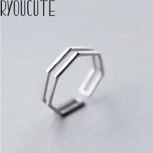 RYOUCUTE 100% Real Silver Color Exaggerated Personality Layered Hexagon Rings for Women Statement Adjustable Finger Ring