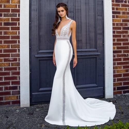 Sexy Mermaid Wedding Dresses 2020 V Neck Sleeveless Bohoemian Bridal Dress Backless Lace Long Wedding Gown Vestido De Noiva