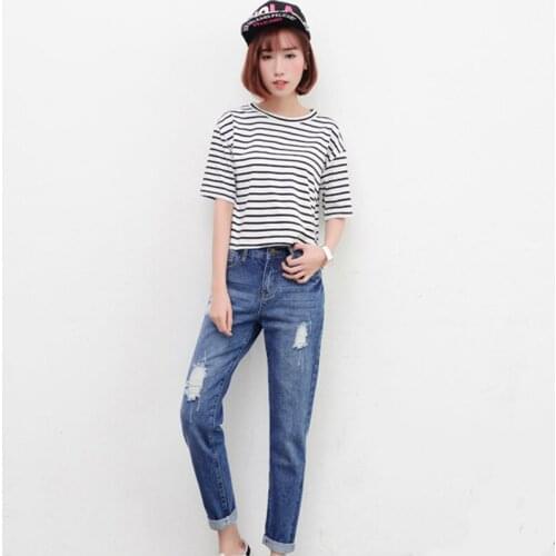 Streetwear Ripped Hole Jeans Female Casual Pocket Pencil Jean Pants Autumn Winter Mid Waist Jean Women Bottom Trousers 2C0164