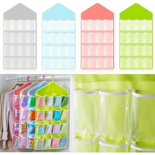 16 Pockets Clear Hanging Bag Socks Tie Bra Underwear Rack Hanger Storage Organizer Foldable Wardrobe Wall Door Back Hanging Bags