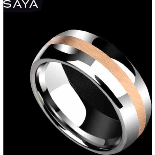 Men Tungsten Ring, 14K Gold Ring, 8mm Width Band High Polished Inlay Gold for Wedding, Free Shipping, Customized