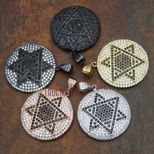 High Quality Handmade Micro CZ Beads Paved Round Charm David Star Zircon Disk Gold Silver Copper Pendant 37.5 mm PM9187