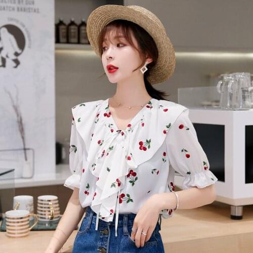V Neck Floral Cherry Korean Fashion Summer WomenS Clothing Short Sleeve Vintage Shirts Blouses Top New Vetement Femme 2021