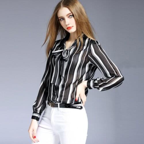 Striped Long-sleeved Shirt Women Summer New Fashion Chiffon Shirt Floating Collar Hit Color Loose Primer Shirt Female Office Top