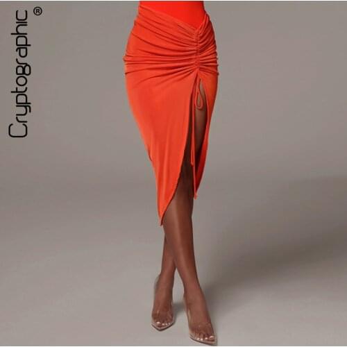 Cryptographic Drawstring Ruched Sexy High Waist Skirts Skinny Streetwear Split Midi Skirt Women Bodycon Summer 2020