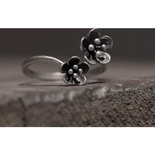 Women Flower Ring Genuine S925 Silver Open Ring Resizable Do old Party Flora Elegant Handmade Jewelry Birthday Gift