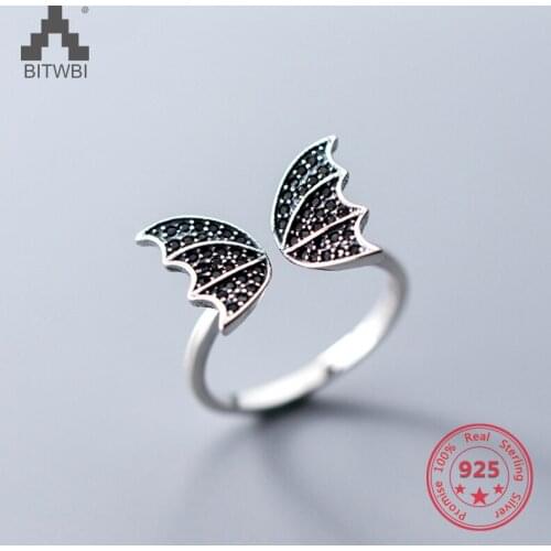 European American New Design 925 Sterling Silver Creative Concise Black Wings Open Ring Fine Jewelry For Women