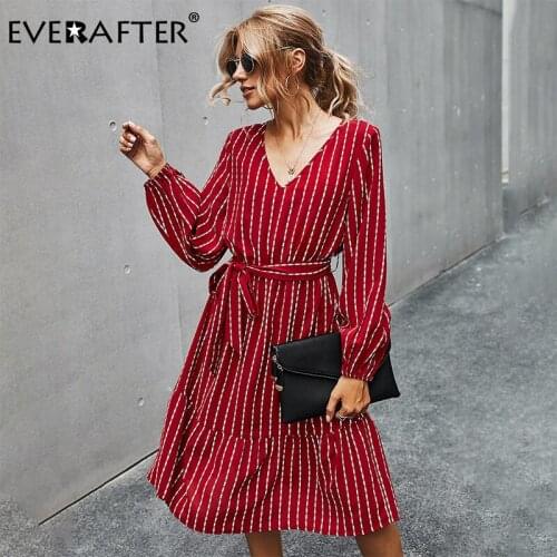 EVERAFTER Boho Party Dress Women Striped Geometric Print Vintage Dress Sashes Elegant Office Lady Autumn Winter Dress Vestidos