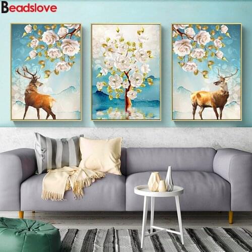 3 pieces European Rich Tree Elk diamond painting 100% square diamond mosaic set 3d cross stitch embroidery Triptych art