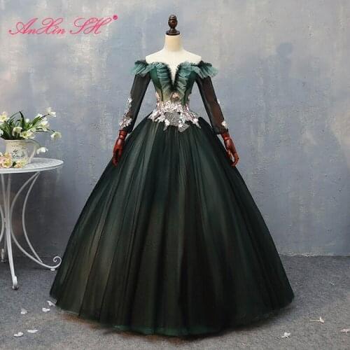 AnXin SH Princess deep green lace flower boat neck long sleeve ball gown ruffles host stage party lace up evening dress