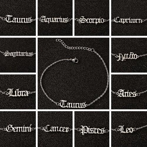 Zodiac Sign Letter Ankle Bracelets Stainless Steel 12 Constellation Pendant Charm Bracelets Women Anklet Foot Jewelry Gift