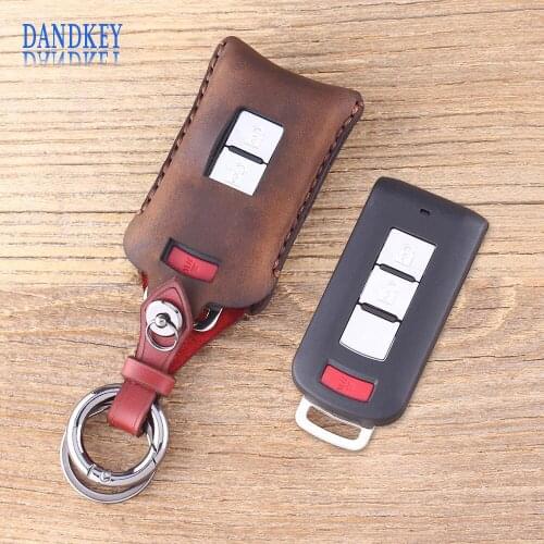 Dandkey 3 Buttons Genuine Leather Key Case For Mitsubishi Lancer EX ASX Outlander Pajero Fob Key Case Key Shell