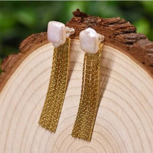 Long Golden Tassel Unusual Dangle Earrings Natural Freshwater Baroque Pearl Ear Pin For Women Party Temperament Fine Jewelry