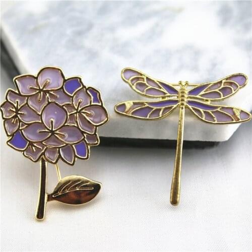 Elegant French temperament enamel hand-made lilac green plants light purple dragonfly brooch flower brooch