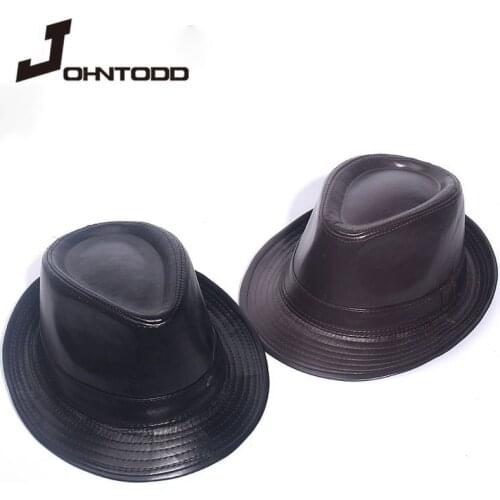 Leather Fedora Hat Retro Jazz Hat Cowboy Gentleman Bowler Hat Short Brim Floppy Trilby Panama Hat Hip Hop Black Hat Mens Women