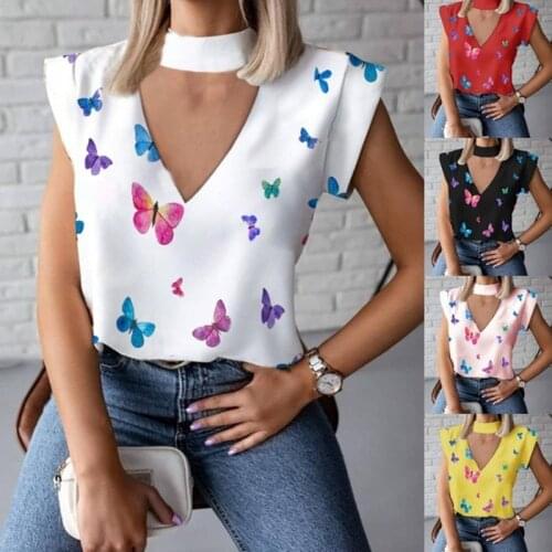 Leosoxs Summer Sexy Deep V Neck Short Sleeve Womens Blouses Shirt Fashion Butterfly Print Ladies Pullover Tops Shirts Plus Size