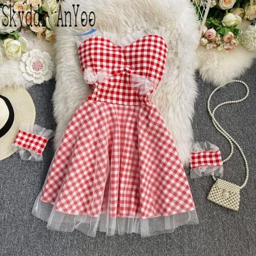 Summer Woman Party Dress 2021 New Hit Strapless Sleeveless Sexy Mini Short Plaid Mesh Dresses Slim A-Line Elegant Girl Dress