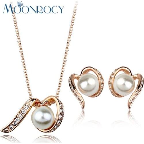 MOONROCY Free Shipping Fashion Rose Gold Color Imitation Pearl Crystal Necklace and Earring Jewelry Set for women Gift