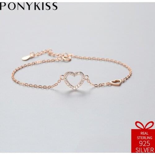 PONYKISS Romantic 100% S925 Sterling Silver Cute Zircon Heart Bracelets Fine Jewelry Women Creative Sweet Engagement Gift
