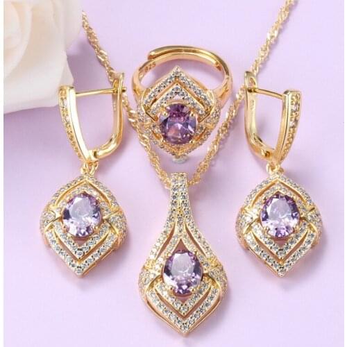 Gold Plated Jewelry Sets African Women Fashion Wedding Accessories Purple Crystal Earrings Pendant Necklace And Ring Gift Sets