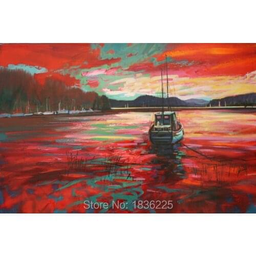 Hand-painted boat with red sea painting The Sunlight cloud High Wall Decor Modern Landscape red Sky Oil Painting on canvas