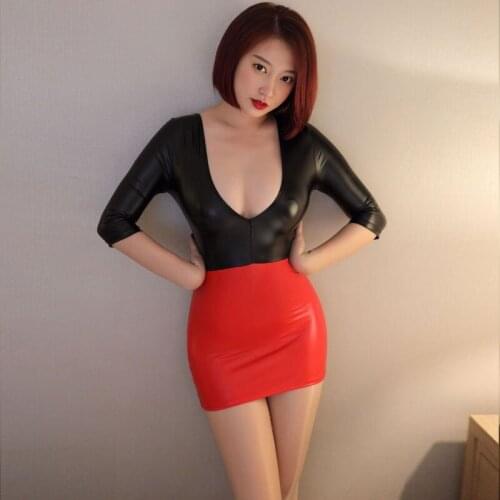 Sexy PU Shiny Deep V Neck Tight Pencil Dress Patchwork PU OL Micro Mini Dress Bodycon Dress Stage Wear Tight Pencil Dress F26