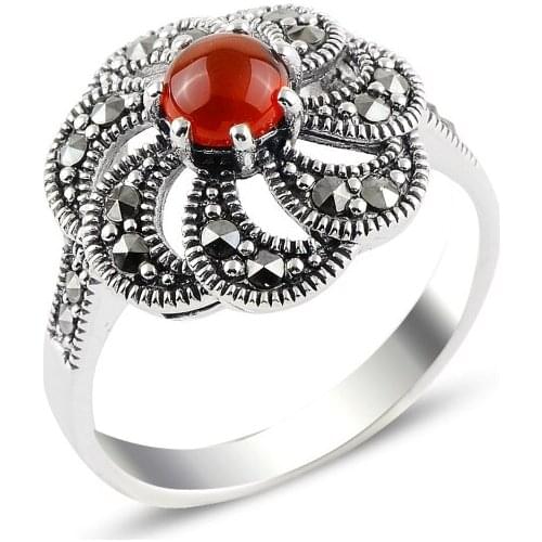 Silver 925 Sterling Red Agate & Marcasite Ring