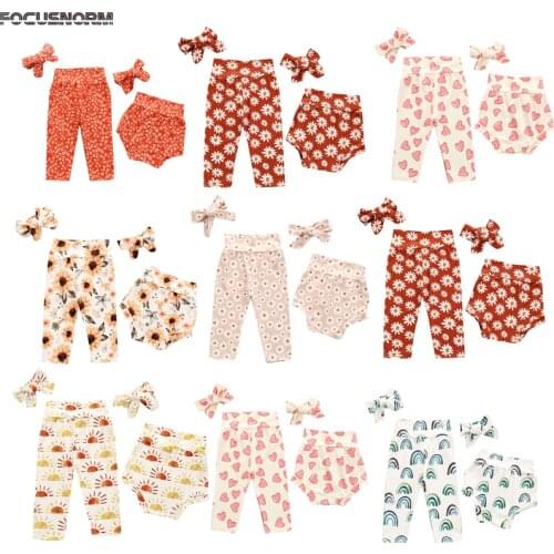 FOCUSNORM 14 Style Shorts/Pants For Kids Baby Girls Boys Trousers Flowers Print Elastic Waist Casual Pants Headband 2pcs