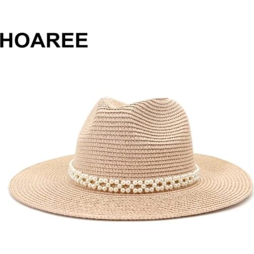 Navy Panama Hat Stylish Pearl Summer Beach Ladies Trilby Wide Brim Hat Straw Sun Hats for Women Jazz Fedora Hat